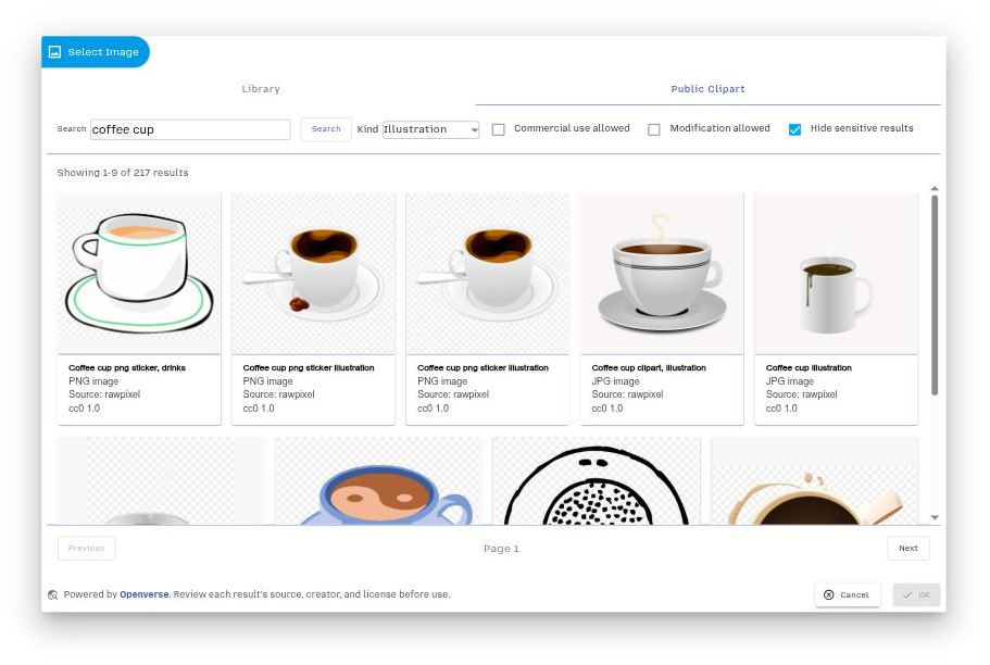 The Public Clipart tab in the Select Image dialog, showing search results for "coffee cup"
