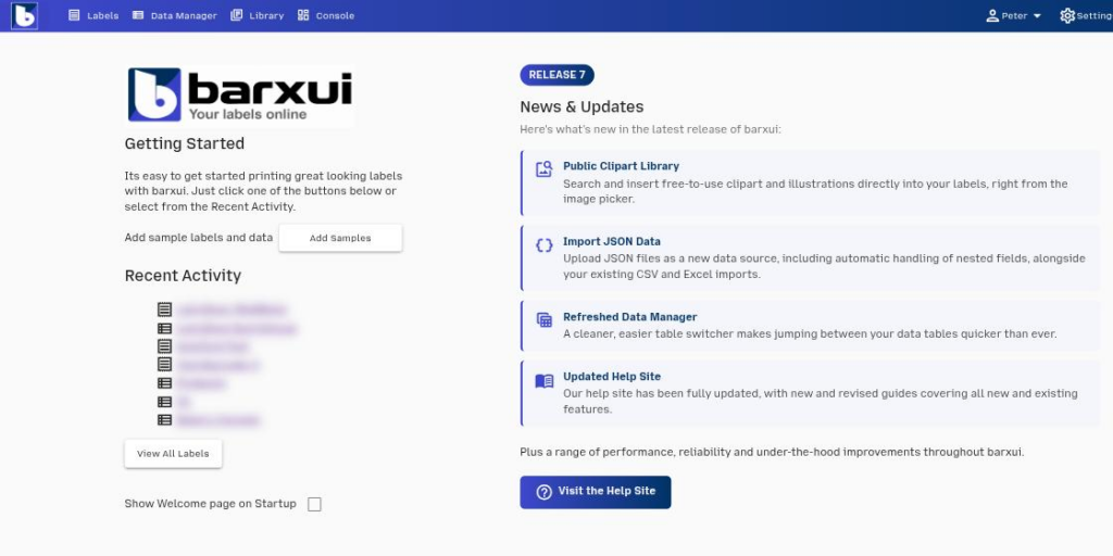 The barxui Home page, showing the Getting Started panel with Add Samples, Recent Activity (label names blurred), and the News & Updates panel